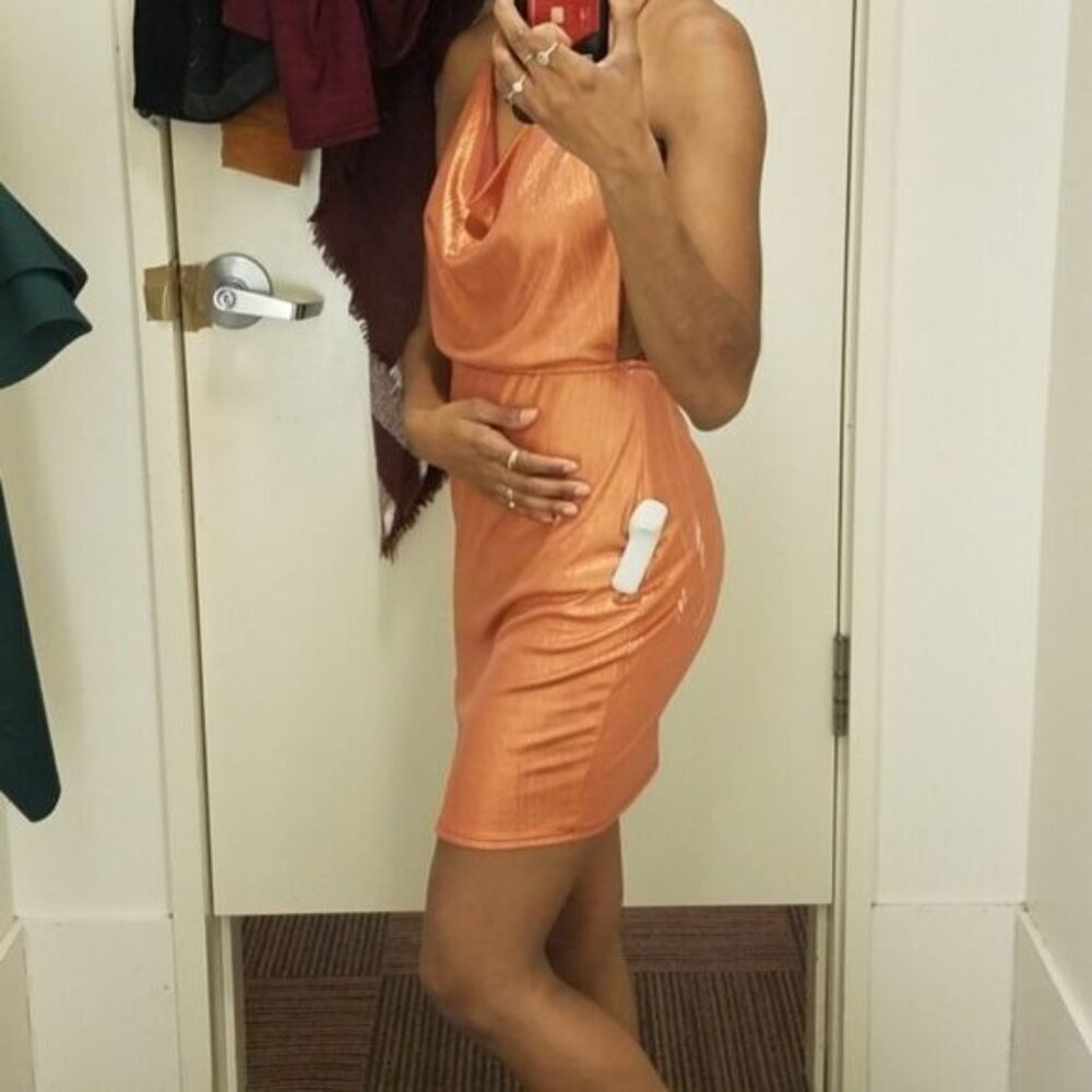 Y2K Copper Metallic Dress M Cowl Neck Mini Strappy Open Back Festival Going Out - Picture 5 of 9
